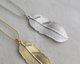 Gold Leaf Feather necklace pendant | matte silver or gold finish