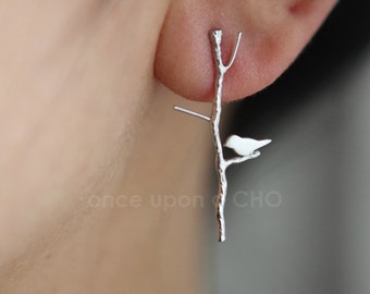 Love Birdie on twig stick long earrings in gold or silver or pink finish