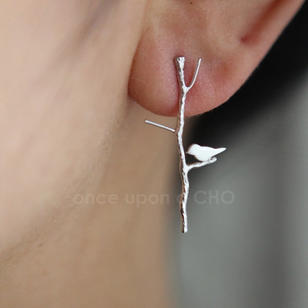 Love Birdie on twig stick long earrings in gold or silver or pink finish
