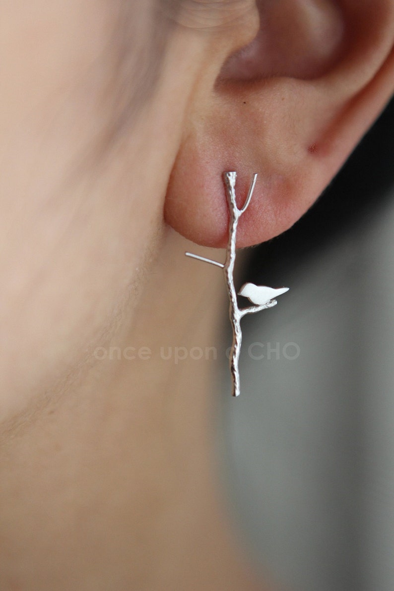 Love Birdie on twig stick long earrings in gold or silver or pink finish image 1