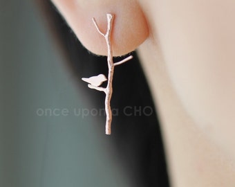 PINK Love Birdie on twig long earrings in rose gold finish