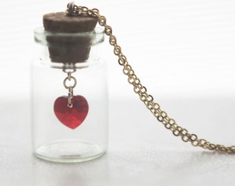Bottled Love Crystal Heart Swarovski in Glass Bottle Jar Necklace Pendant in gold or silver finish