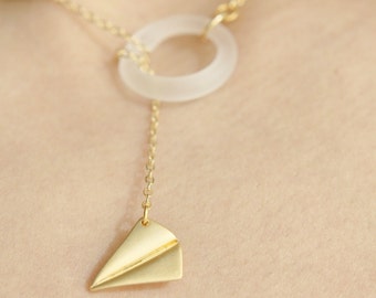 Paper Plane Flying Through frosted glass Doughnut Cloud Necklace Lariat Pendant in gold or silver finish
