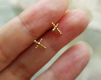 Tiny small cross stud earrings in textured gold with 925 sterling silver posts