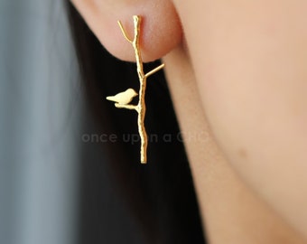 Love Birdie on twig long earrings in gold or silver or pink finish