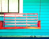 Red Swing Bench on Front Porch of Blue House - Cabbagetown - Atlanta, Georgia