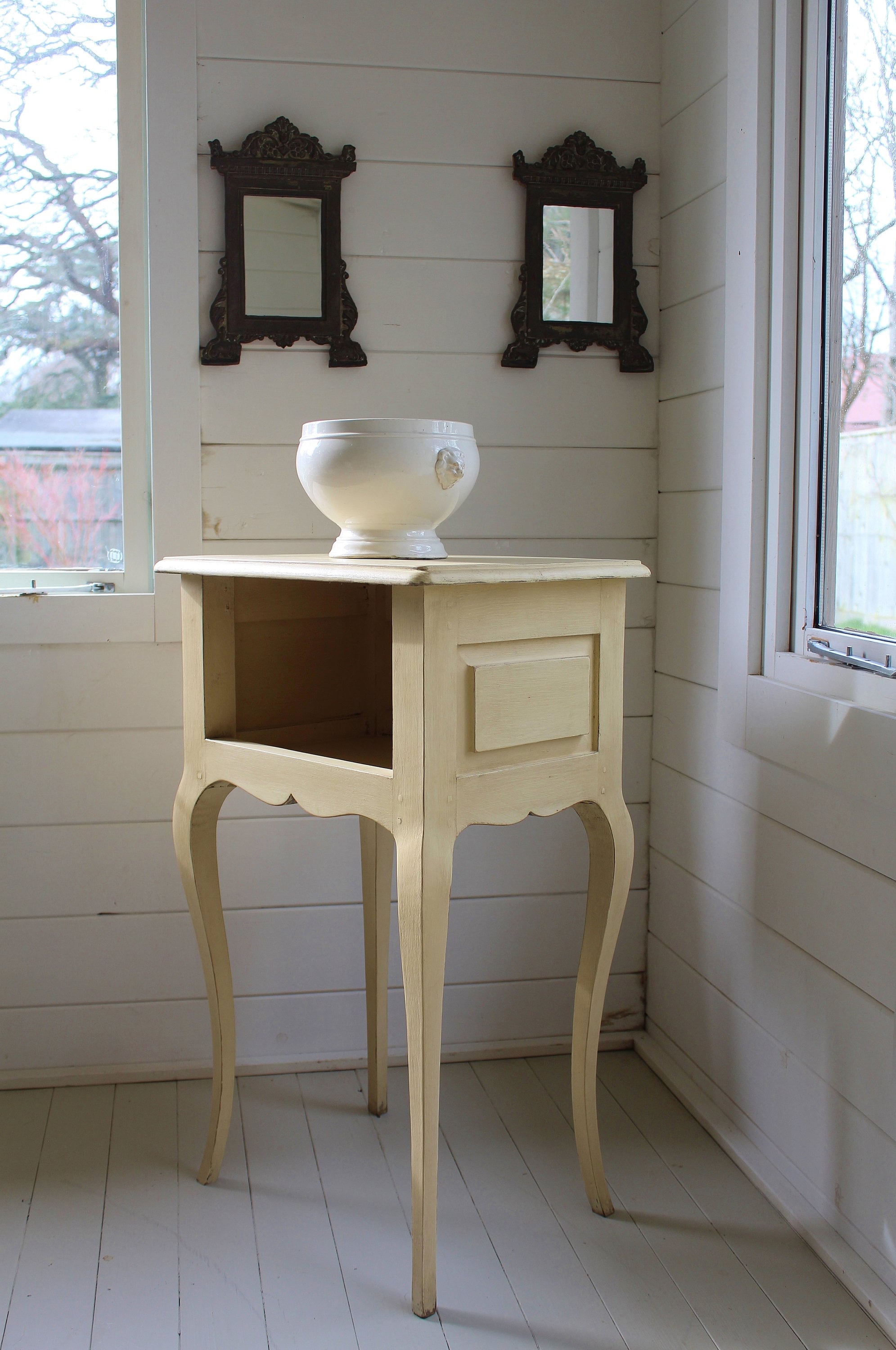 French Painted Oak Yellow Ochre Side Table / Bedside Nightstand