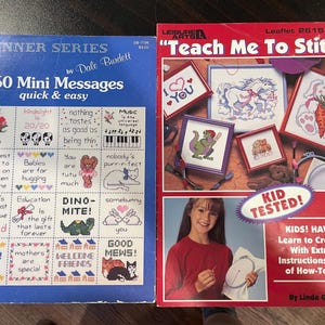 Cross-Stitch Pattern Booklet Bundle – 360 Mini Messages by Dale Burdett + Teach Me to Stitch – Vintage How-To – Free Shipping