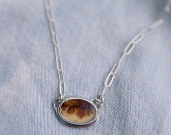 Dendritic Agate Necklace: Sterling Silver Bezel Pendant, 16" Paperclip Chain