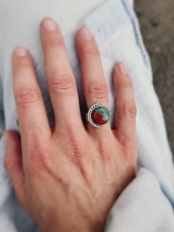 Sonora Sunset Sterling Silver Ring: Artisan Chrysocolla Cuprite Jewelry, Size 7