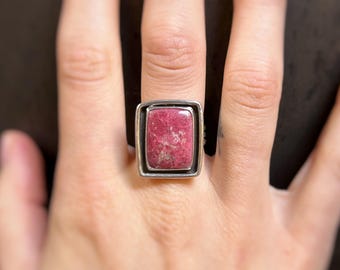 Handmade Silver & Pink Thulite Ring, Size 8 1/4 , Artisan Silver Jewelry