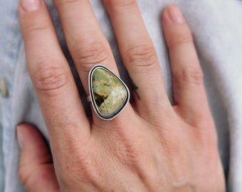 Handmade Sterling Silver & Green Stone Ring | Size 8 | Unique Variscite Jewelry