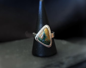 Chrysocolla Triangle Ring – Size 8, Sterling Silver, Handmade Artisan Jewelry