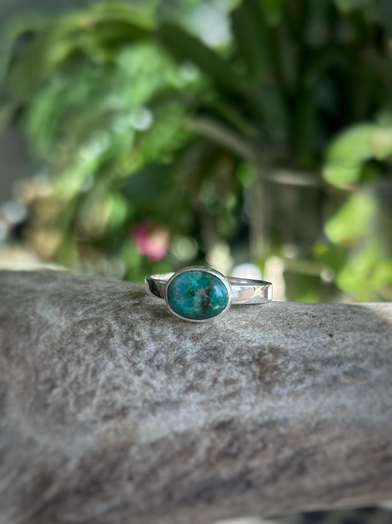 May include: A silver ring with an oval, turquoise-colored stone. The ring is set on a textured band. The background is blurred, with green foliage and a hint of pink flowers.