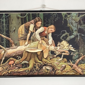 Tableau scolaire déroulant vintage du conte de fées : Blanche-Neige et Rose-Rouge (Grimm)