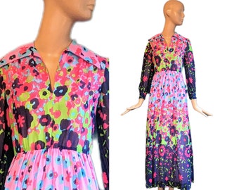 Anne Fogarty dress designer floral vibrant psychedelic maxi dress long sleeve 1970s gown