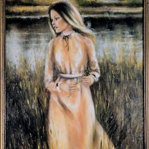 Vintage Mid Century Original Kunst 1960er Jahre großes Ölgemälde Schöne Frau Portrait
