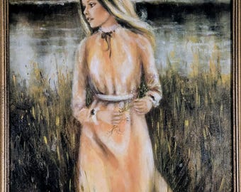 Pintura al óleo vintage de los años 60: Retrato de una mujer, marco tallado a mano