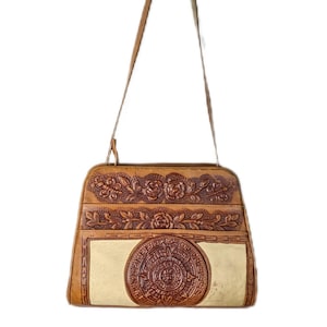 1970&#39;s hand tooled leather Mexican Aztec print bag embossed cowhide vintage Mayan symbol crossbody purse