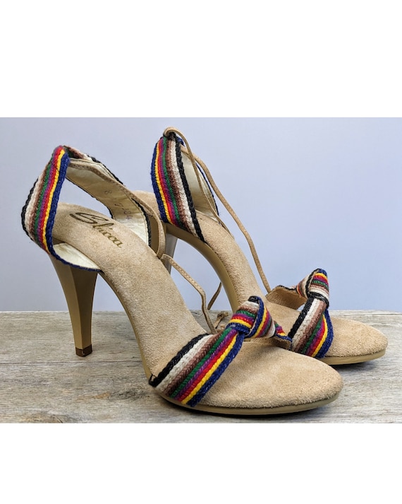Sbicca 1970s rainbow heels vintage strappy ankle … - image 1