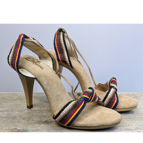 Sbicca 1970s rainbow heels vintage strappy ankle wrap sandals deadstock disco stiletto