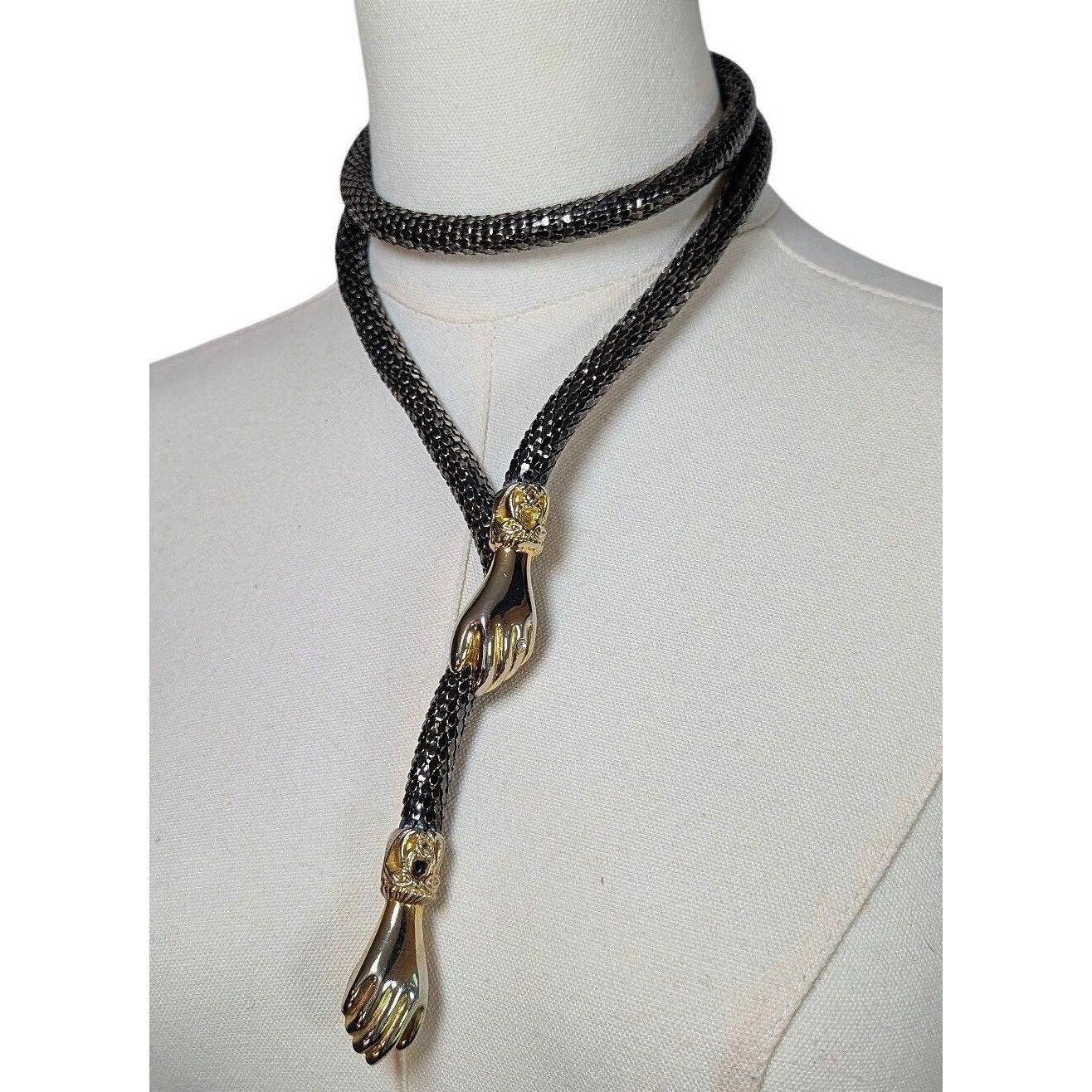 Vintage DL Auld Black and Gold Mesh Clasps Hands Belt 