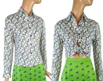 Parigi Italy Volup cotton chain print vintage 1970s green and blue button up blouse Dagger collar disco shirt
