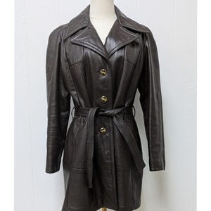 1970s chocolate brown soft leather jacket, Vintage patchwork leather belted coat, vintage trench coat