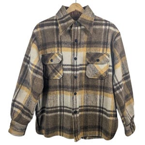 Vintage Shacket werkkleding jaren 70 bruin goud geruite wolmix button-up overhemdjack