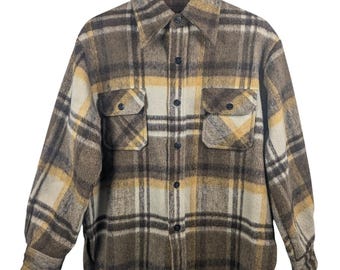 Jaqueta estilo camisa vintage dos anos 70, xadrez marrom e dourado, em lã mista, com botões.