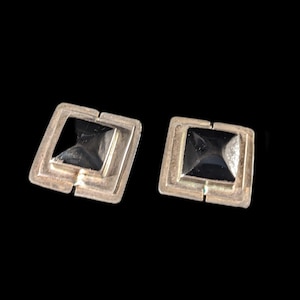 Vintage sterling silver onyx chunky square statement earrings Taxco made in Mexico modernist earrings signed