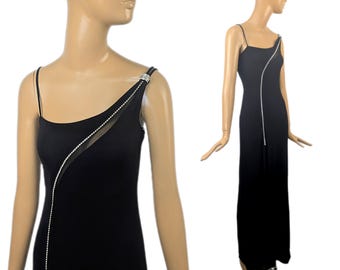 Jump Apparel svart maxiklänning med 90-talsband och mesh, vintage formell Y2K-klänning