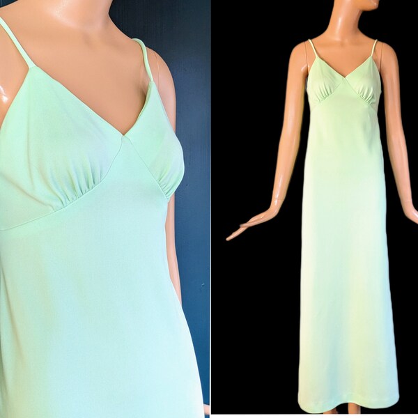 Green slip dress maxi dress vintage 1970s lime green mint spaghetti strap maxi dress empire slip dress gown