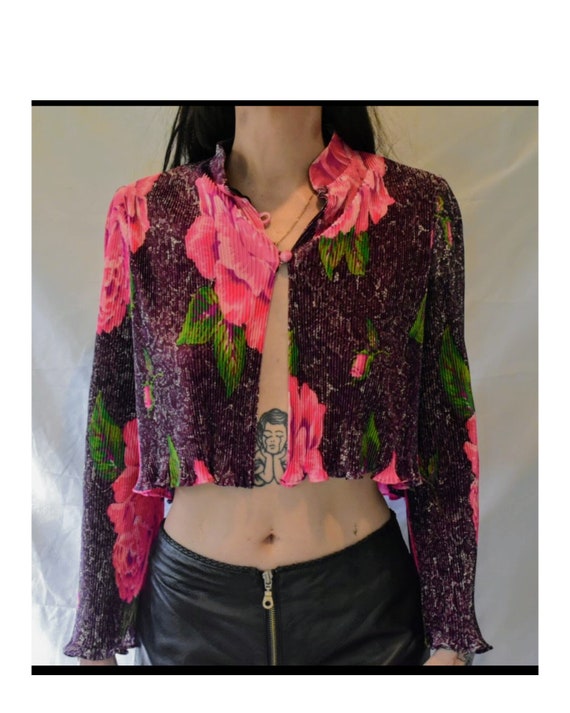 Floral purple pleated I. Magnin cropped button fro