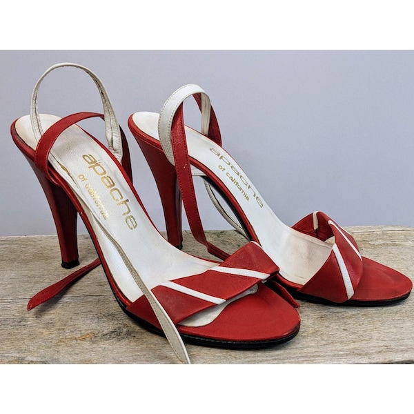 1970s Apache California red leather strappy heels ankle wrap sandals