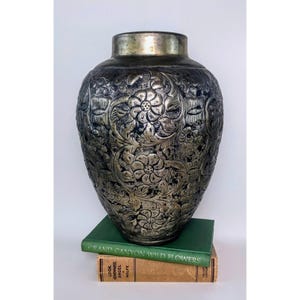 Vintage Large etched floral Brass vase Hand Hammered Repousse brass Decorative