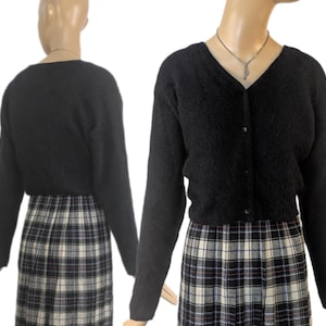 90&#39;s fuzzy angora cropped cardigan, vintage black knit angora sweater