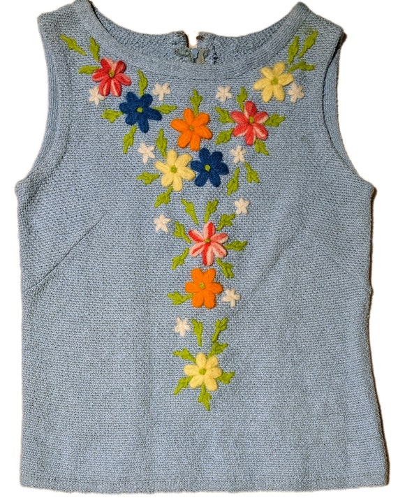 1960s baby blue embroidered floral shell vintage cott… - Gem