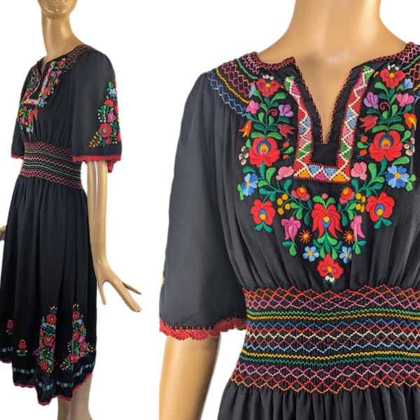 Vintage hand embroidered Hungarian folk dress bohemian peasant dress multicolor floral embroidery
