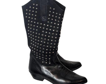 Vintage Black Silver Studded Suede Leather Western Cowboy Boots sz 8.5 Portugal