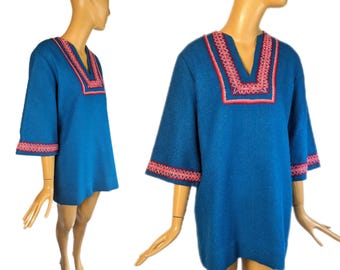 Vintage 1960s Wool Tunic Mini Dress Turquoise Embroidered Boho Size M/L