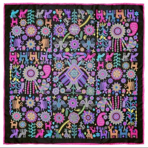 Large vibrant silk Pineda Covalin Huichol Spirit scarf Mexico | Indigenous print textile scarf