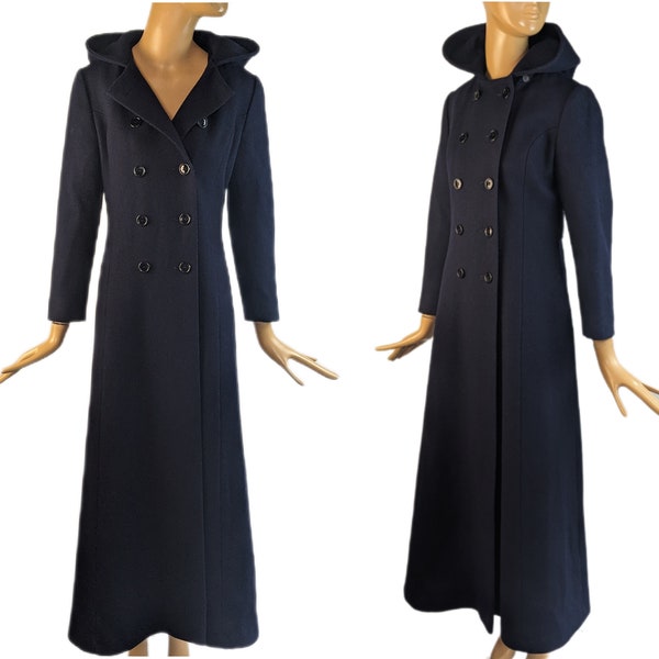 1960s Navy Blue wool double breasted maxi coat vintage Princess Cut hooded long ankle length trenchcoat
