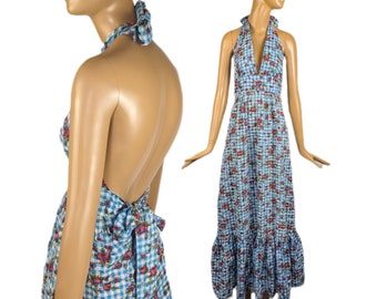 Vintage blauw geruit katoenen gingham jurk rozenprint jaren '70 halter maxi jurk