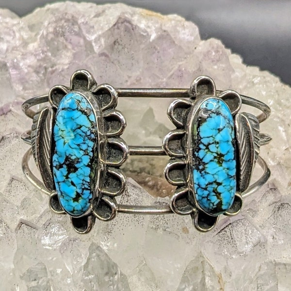 Vintage 70s Native American sterling natural blue turquoise stone cuff Spiderweb turquoise pyrite matrix signed