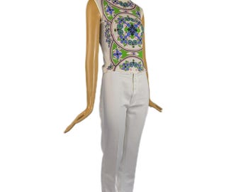 Vintage 70s White Denim High Waist Hip Hugger Bell Bottom Flare Jeans Disco