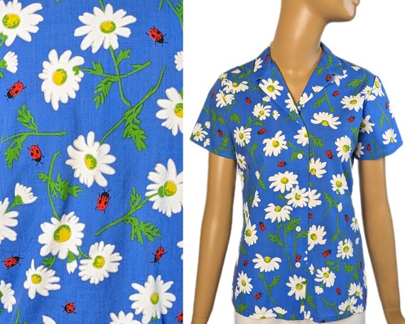 1960s novelty print blouse ladybug motif top blue… - image 1