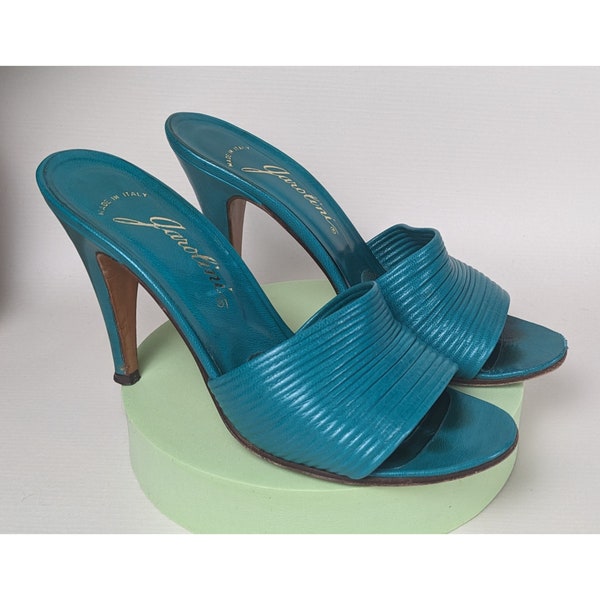 1970s Garolini Italy blue leather Mule Heels Vintage disco turquoise sandals