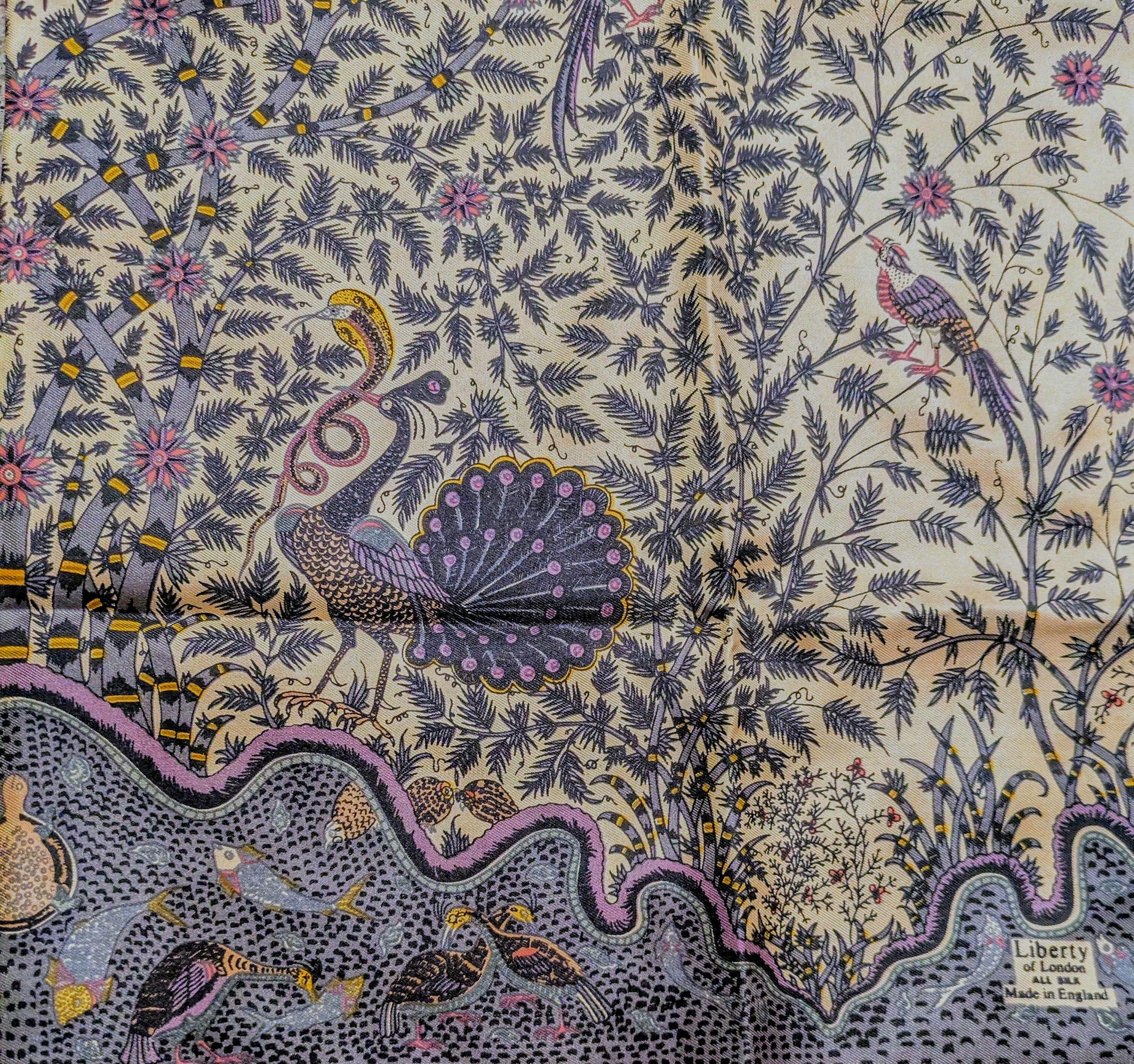 Vintage 70s Liberty London silk hand rolled scarf peacocks and snakes aquatic life print mint