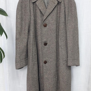 Vintage Rock Knit tweed wool coat 1950s mens Herringbone Overcoat Union made L